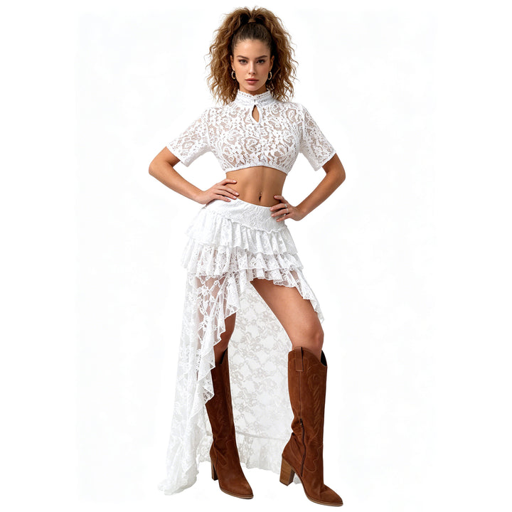 Damen nan Spitzen-Cropped-Bluse mit Stehkragen und keyhole-Detail Echo Archiv