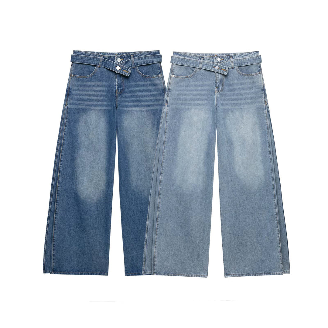 Damen Hochtaillierte weitgeschnittene Jeans mit integriertem Gürtel und seitlichen Steppnähten Echo Archiv