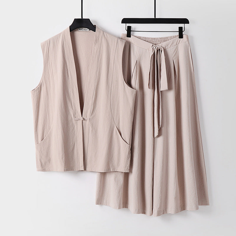 Damen Ärmelloses Kimono-Loungewear-Set aus leichtem Viskose-Leinen mit Bindeweste und weiten Palazzo-Hose Echoarchiv