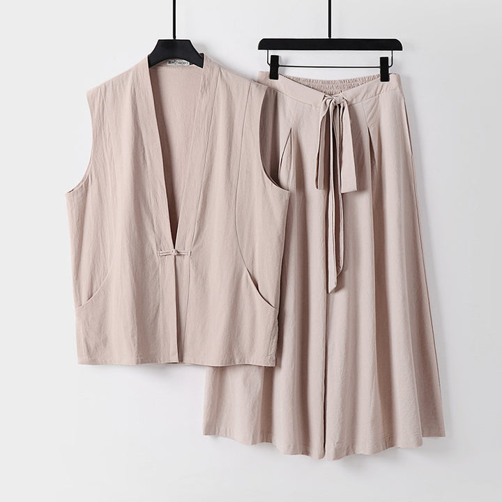 Damen Ärmelloses Kimono-Loungewear-Set aus leichtem Viskose-Leinen mit Bindeweste und weiten Palazzo-Hose Echoarchiv