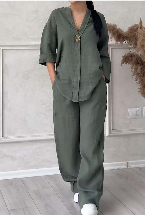 Damen nan lässiges Leinen-Relax-Set mit weiter Hose und Hemdbluse Echo Archiv