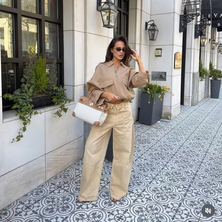 Damen Boxy Cropped Utility-Jacke mit Reißverschluss Pattentaschen und elastischem Saum Echo Archiv