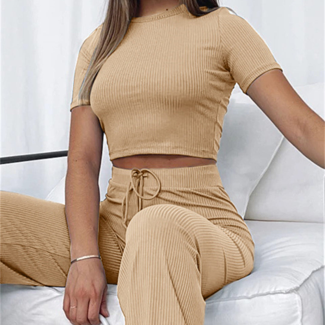 Damen Geripptes Crop-Set aus Stretch‑Jersey mit taillenhoher Kordel-Hose – Élanora