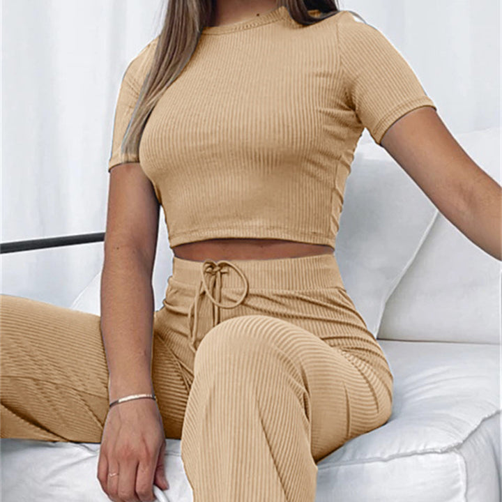 Damen Geripptes Crop-Set aus Stretch‑Jersey mit taillenhoher Kordel-Hose – Élanora
