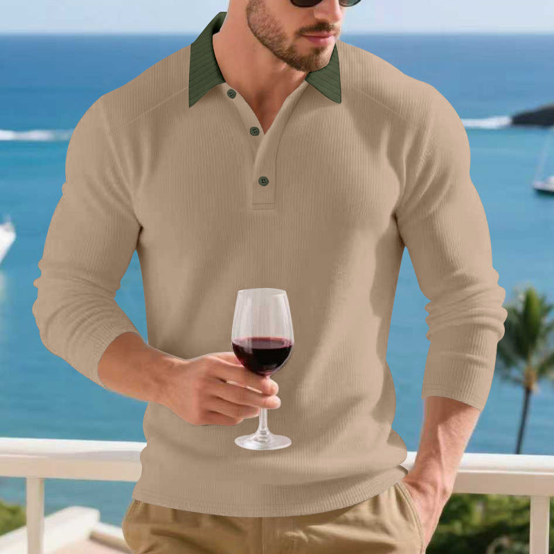 Herren Langarm Poloshirt mit strukturiertem Design und kontrastierendem Stehkragen Echoarchiv
