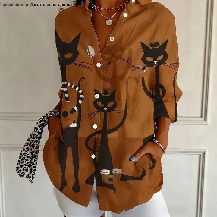 Damen Modische Hemdbluse mit einzigartigem Katzenmotiv Echoarchiv