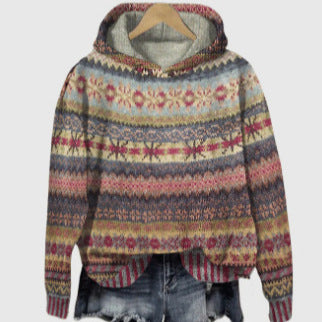 Damen nan oversized Strickkapuzenpullover mit Norwegermuster, gefütterter Kapuze und gerippten Bündchen Echo Archiv