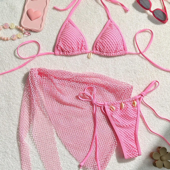 Damen Triangel-Bikini mit transparentem Netzgewebe und Schnürdetails Echo Archiv