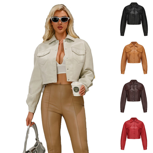 Damen nan kurze Lederjacke im Trucker-Stil mit kastiger Cropped-Passform Echo Archiv