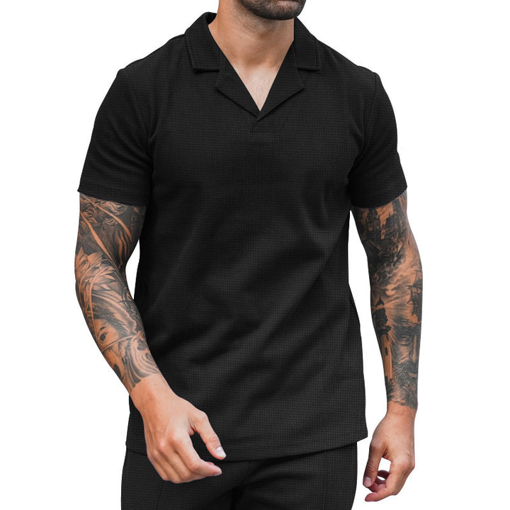 Herren Kurzarm Hemd mit klassischem Henley-Ausschnitt und strukturierter Oberflächenbeschaffenheit Echoarchiv