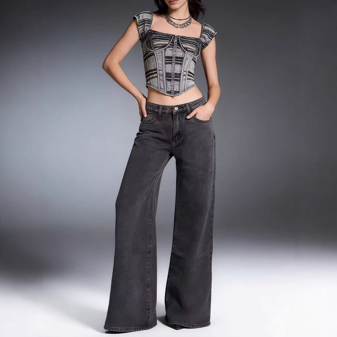 Damen weite Denim-Hose mit Vintage-Waschung und hoch geschnittenem Bund Echo Archiv