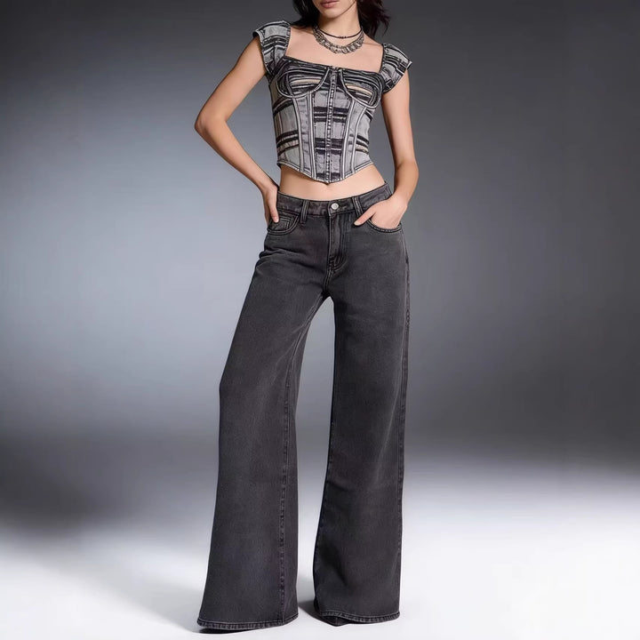 Damen weite Denim-Hose mit Vintage-Waschung und hoch geschnittenem Bund Echo Archiv
