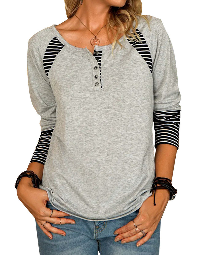 Damen Lässiges Raglan-Henley-Shirt mit Knopfleiste und gestreiften Ärmelbündchen – Orélia
