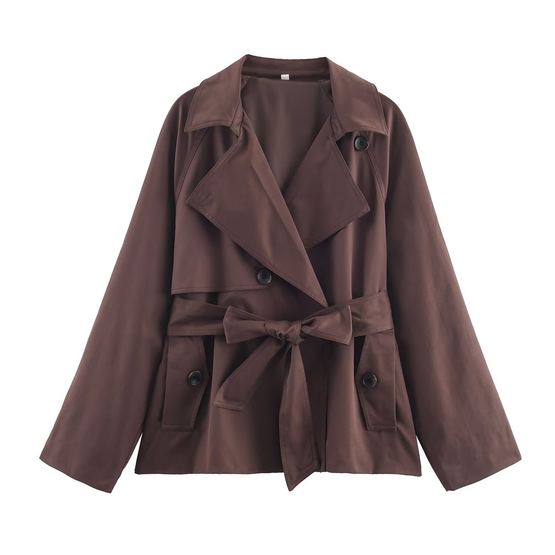 Damen Gekürzte Taillengürtel-Trenchjacke mit breitem Revers und Pattentaschen Echo Archiv