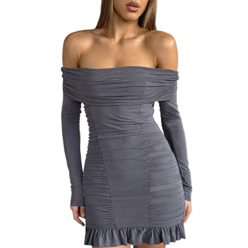 Damen Schulterfreies tailliertes Rüschen-Minikleid mit langen Ärmeln – Avérine