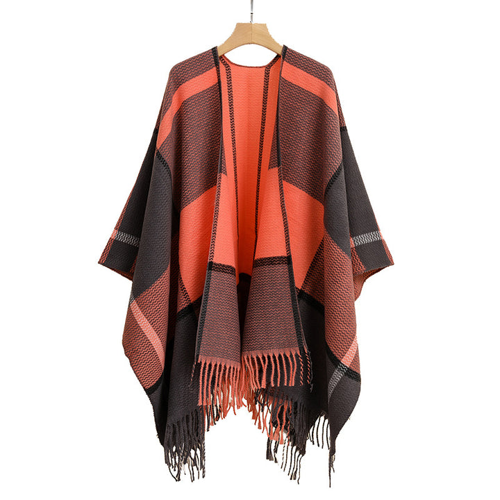 Damen Oversize-Capeponcho aus strukturierter Strickmischung mit V‑Ausschnitt, Karomuster und Fransen Echo Archiv