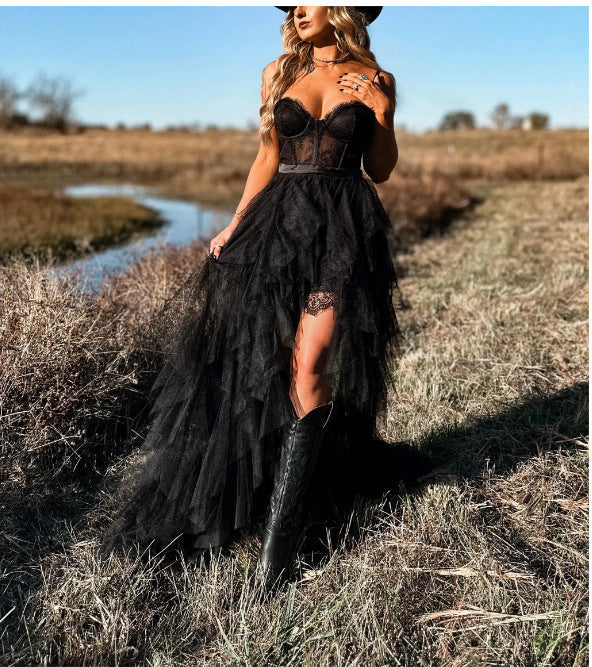 Echoarchiv | Strapazierfähiges Fischgrät-Mesh-Lace Pure Desire Maxi-Kleid