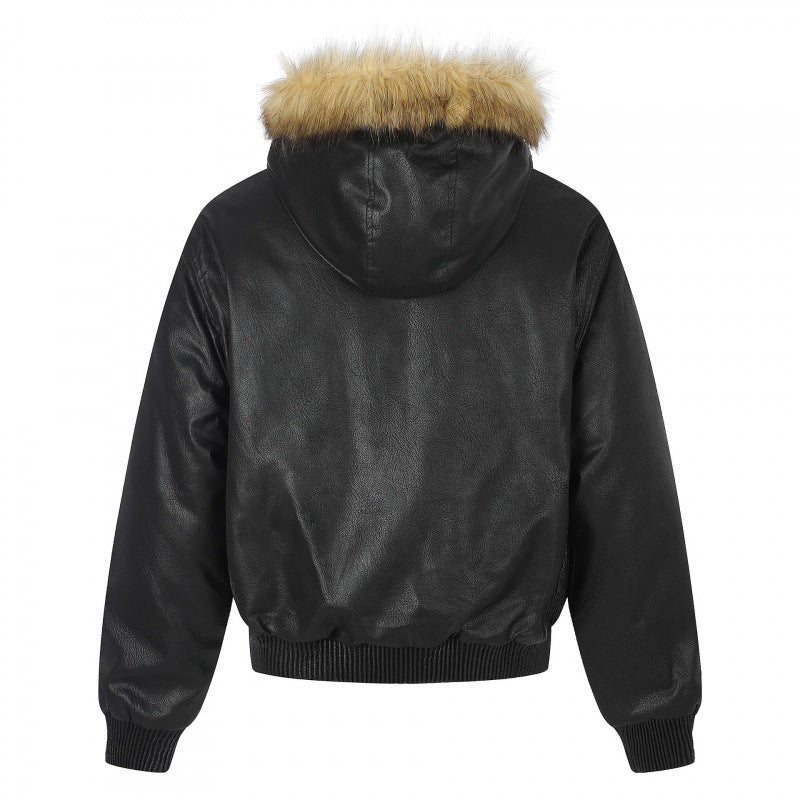 Damen Kapuzenjacke im Lederoptik mit Nietenbesatz, Kunstfellkragen und geripptem Saum Echo Archiv