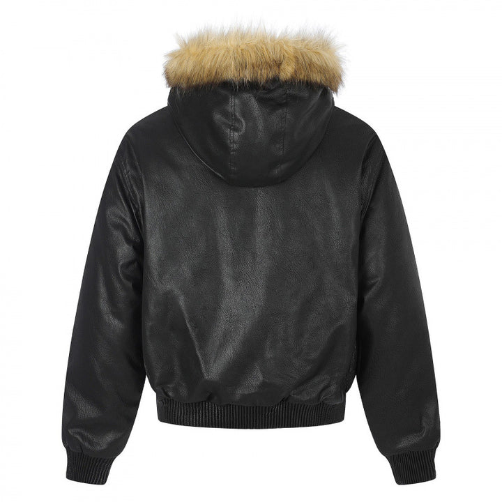 Damen Kapuzenjacke im Lederoptik mit Nietenbesatz, Kunstfellkragen und geripptem Saum Echo Archiv