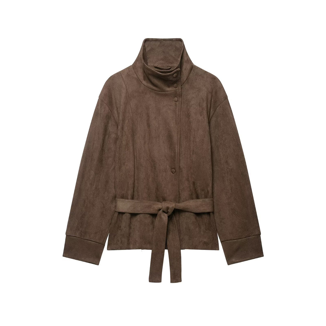 Damen Kurze Velourslederjacke mit hohem Stehkragen und Bindegürtel Echo Archiv