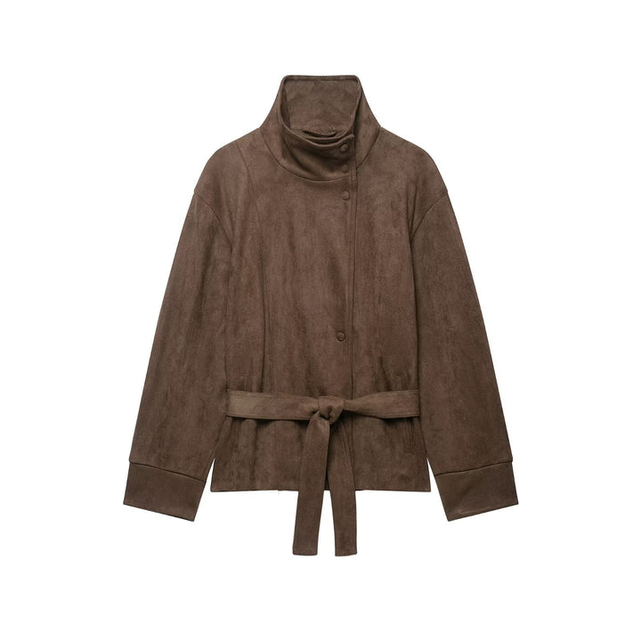 Damen Kurze Velourslederjacke mit hohem Stehkragen und Bindegürtel Echo Archiv