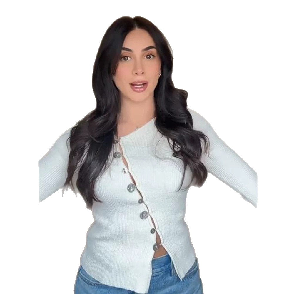 Damen Asymmetrischer Feinstrick-Cardigan mit Schmuckknopf-Leiste Echoarchiv