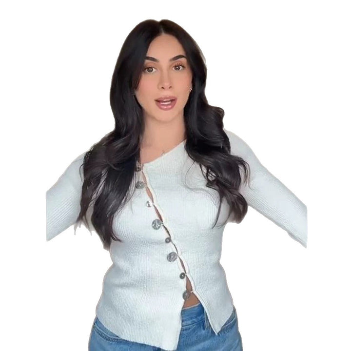 Damen Asymmetrischer Feinstrick-Cardigan mit Schmuckknopf-Leiste Echoarchiv