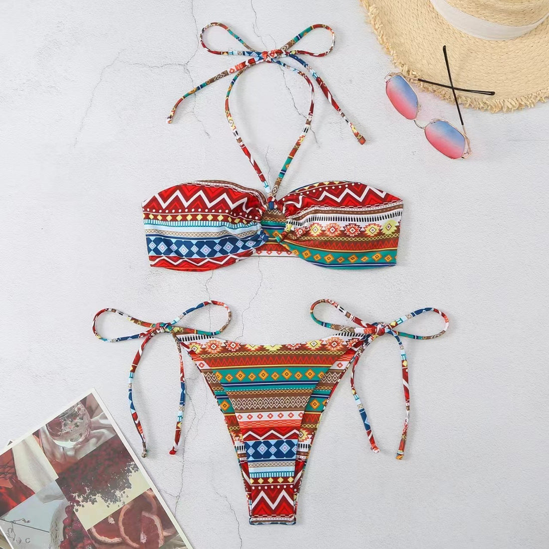 Damen Bikini-Set mit verspieltem Bindeband und geometrischem Muster – Maréssa
