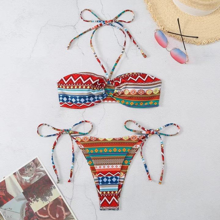 Damen Bikini-Set mit verspieltem Bindeband und geometrischem Muster Echo Archiv