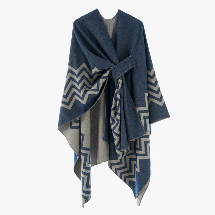 Damen Oversize Rechteck-Cape mit Jacquard-Zickzackmuster und Bindegürtel – Avérine