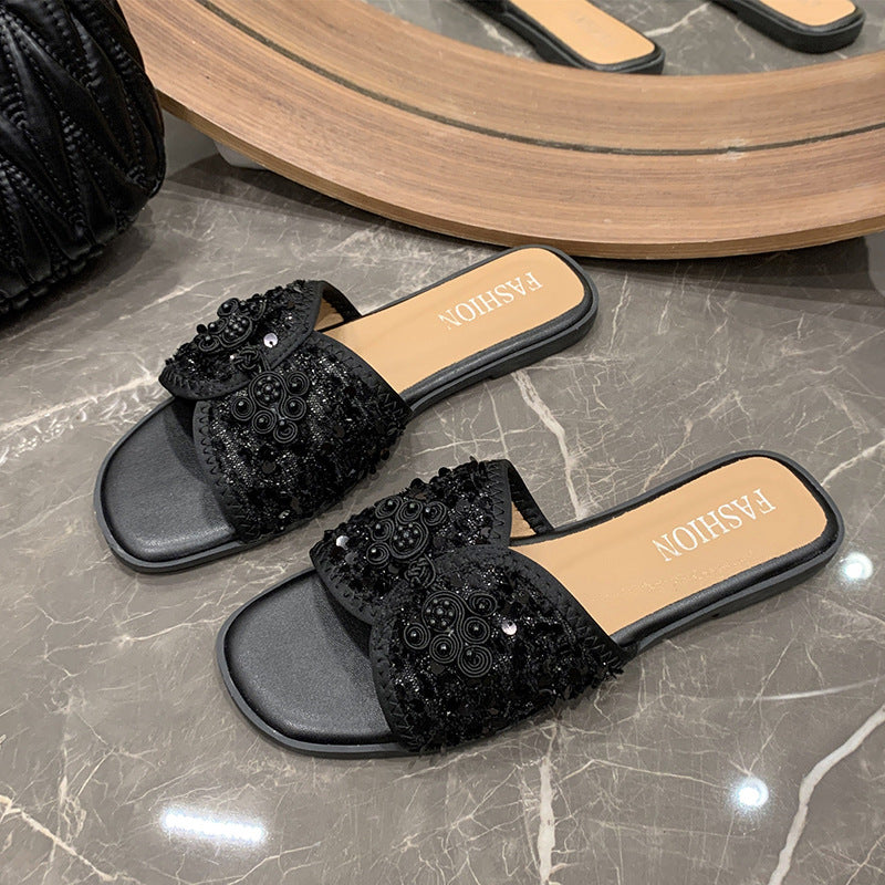 Damen nan elegante Mule mit quadratischer Zehenpartie Bouclé-Obermaterial und Perlenverzierung Echo Archiv