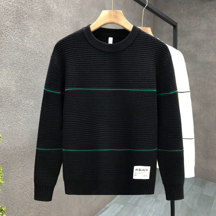Unisex Strukturierter Waffelstrick-Pullover mit feinen Kontraststreifen Echoarchiv