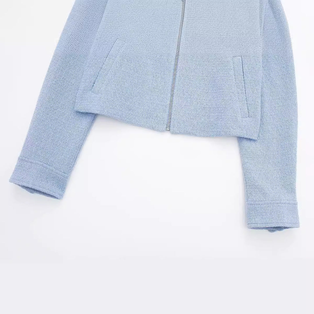 Damen strukturierte Kurzjacke im Bouclé-Look mit Reißverschluss und Hemdkragen – Célinea