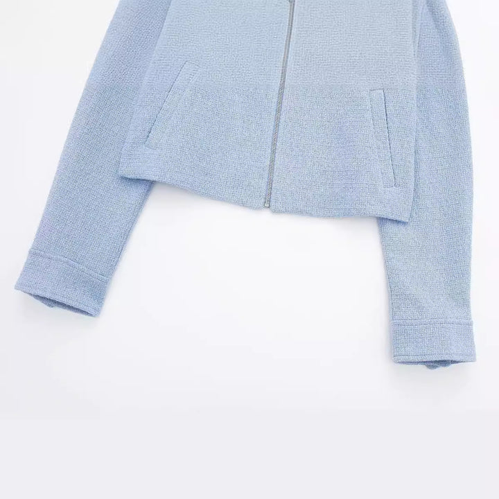 Damen strukturierte Kurzjacke im Bouclé-Look mit Reißverschluss und Hemdkragen – Célinea