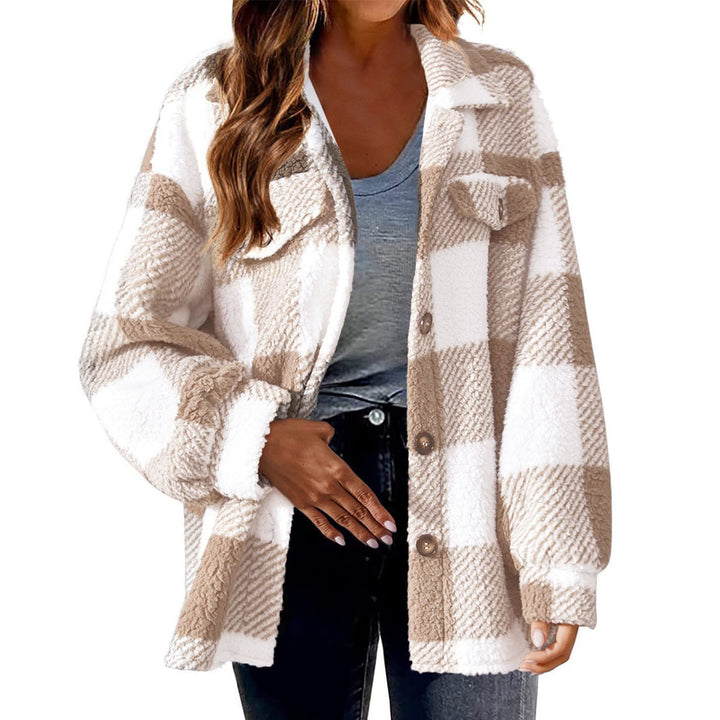 Damen nan kuschelige Sherpa-Karo-Übergangsjacke mit Brusttaschen und großzügigem Oversize-Schnitt Echo Archiv
