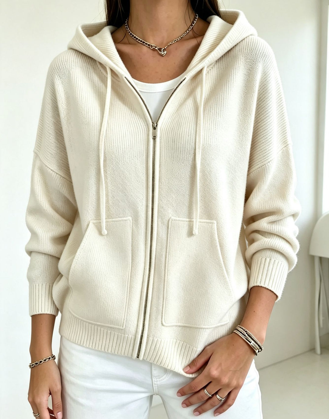 Damen Kapuzen-Wollmix Zip-Cardigan mit kastiger Passform und Kängurutaschen – Auréline