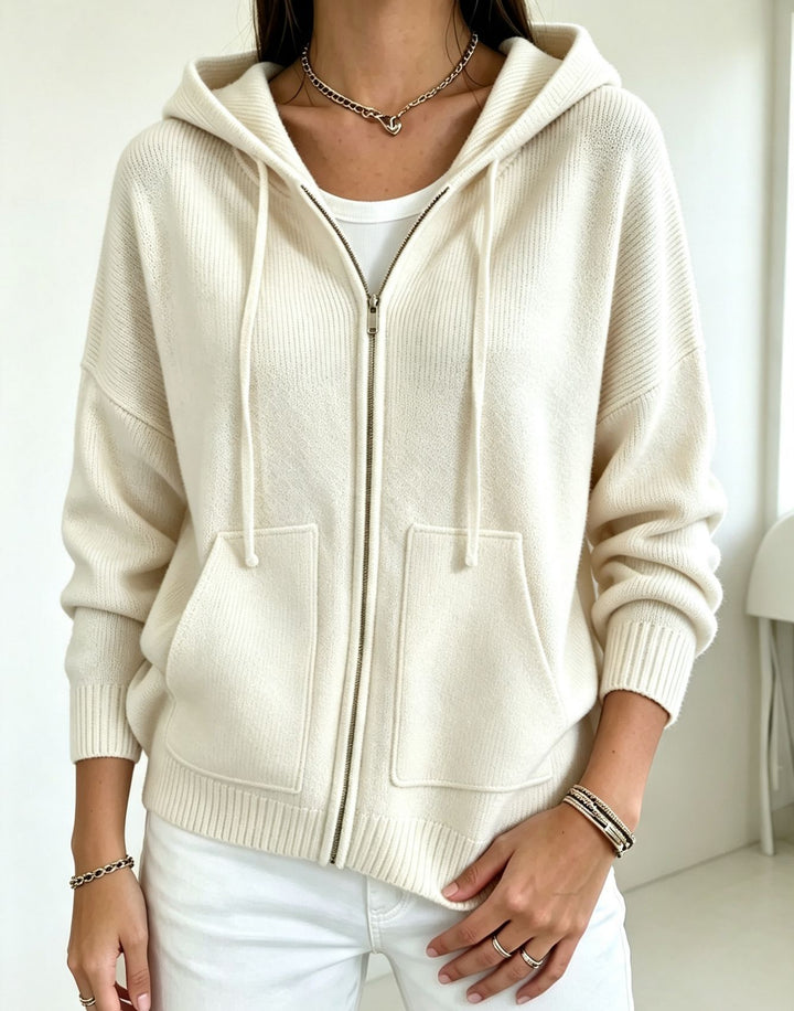 Damen Kapuzen-Wollmix Zip-Cardigan mit kastiger Passform und Kängurutaschen – Auréline