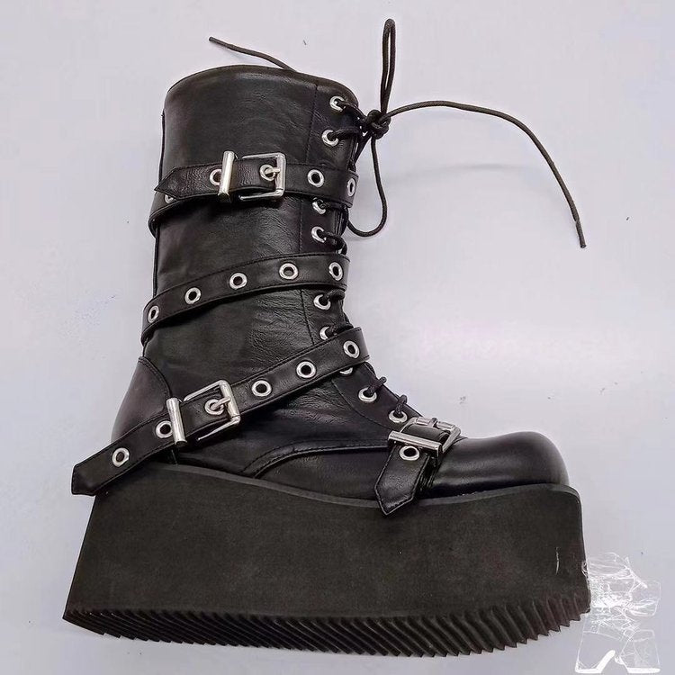 Damen nan hochschaftige Gothic Plateau-Boots mit mehrfachen Metallschnallen, Ösen und seitlichem Reißverschluss Echo Archiv