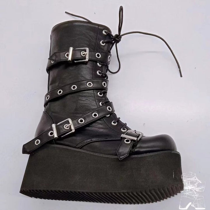 Damen nan hochschaftige Gothic Plateau-Boots mit mehrfachen Metallschnallen, Ösen und seitlichem Reißverschluss Echo Archiv