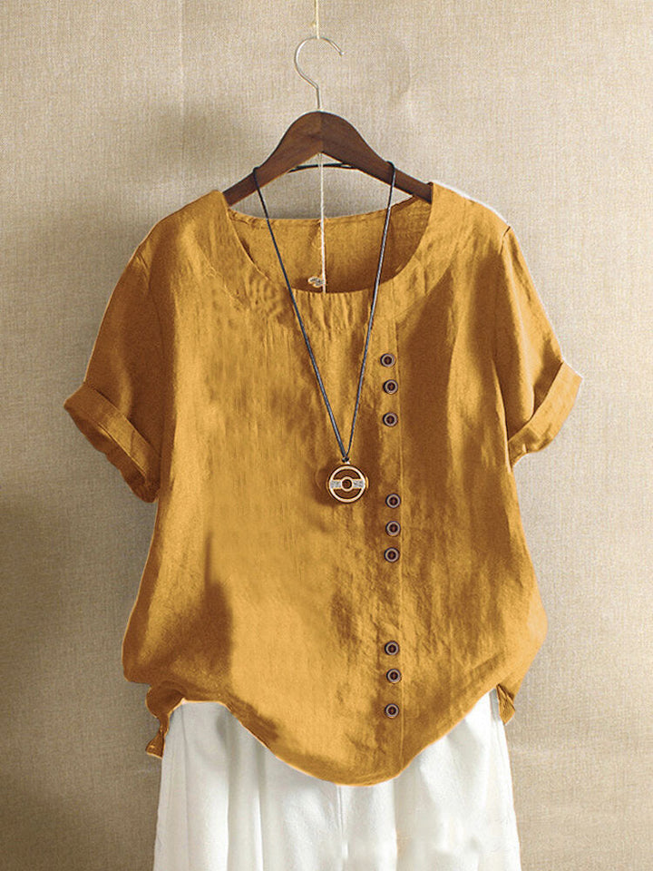Damen Lässige Leinenbluse mit Umschlagbaren Ärmeln und Knopfdetails Echoarchiv