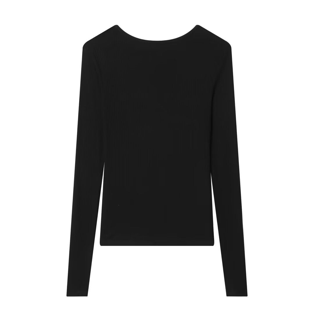 Damen Feines Rippstruktur-Longsleeve mit tiefem V‑Ausschnitt, breiter Spitzenblende und Zierband Echo Archiv