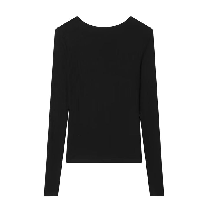Damen Feines Rippstruktur-Longsleeve mit tiefem V‑Ausschnitt, breiter Spitzenblende und Zierband Echo Archiv