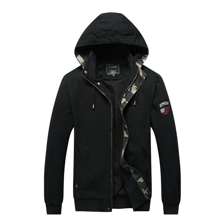 Herren Kapuzen-Canvasjacke im Military-Utility-Stil mit Camouflagemanschette und Rippbündchen Echoarchiv