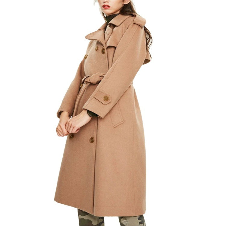Damen Midilanger Doppelreihiger Wollmix‑Trenchcoat mit Epauletten und Taillengürtel Echoarchiv