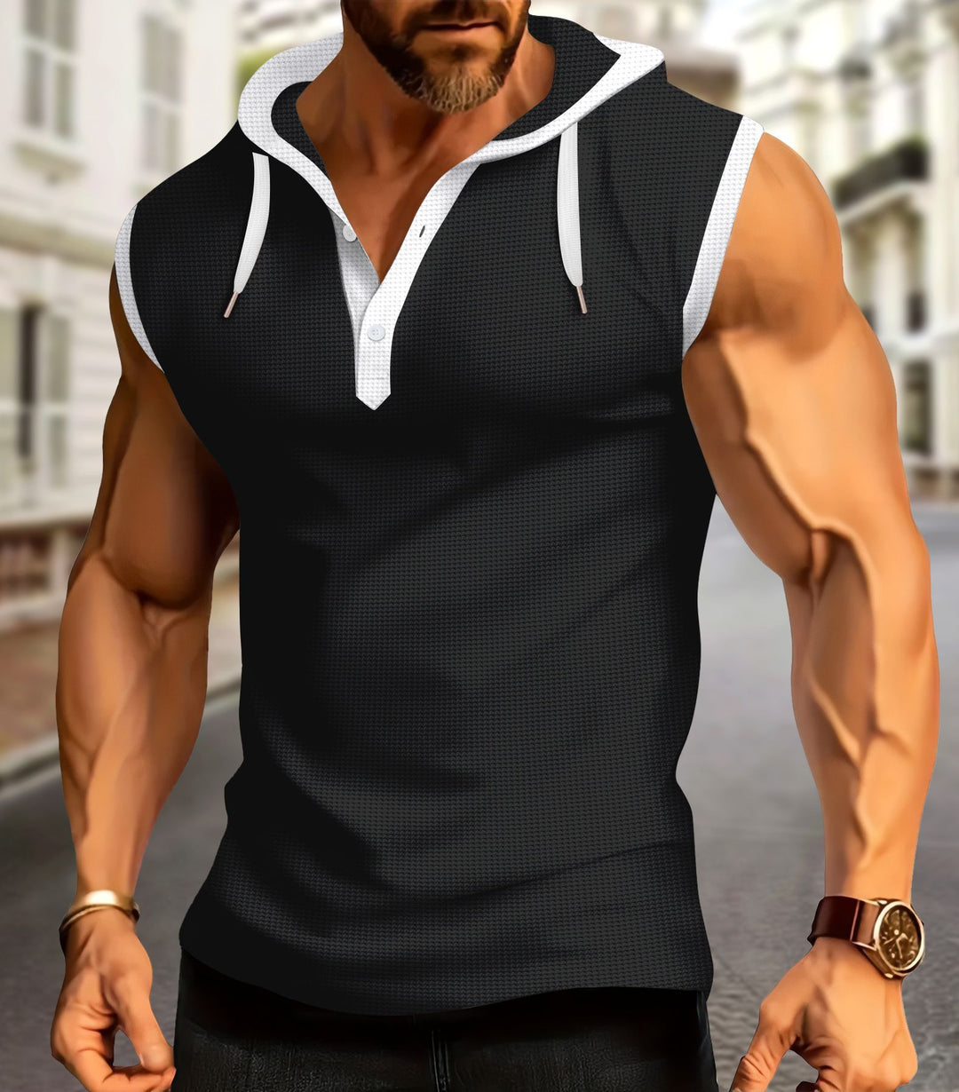 Herren ärmelloses Kapuzen-T-Shirt mit modischem Knopfleisten-Design Echoarchiv