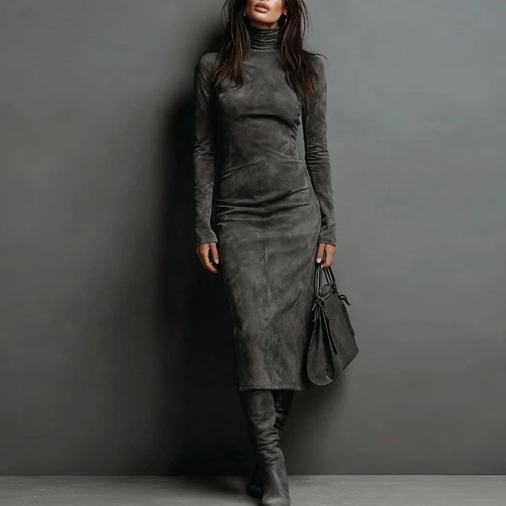 Damen Tailliertes Midi Kleid im Samt-Look mit Rollkragen und maßgeschneiderter Silhouette – Élara
