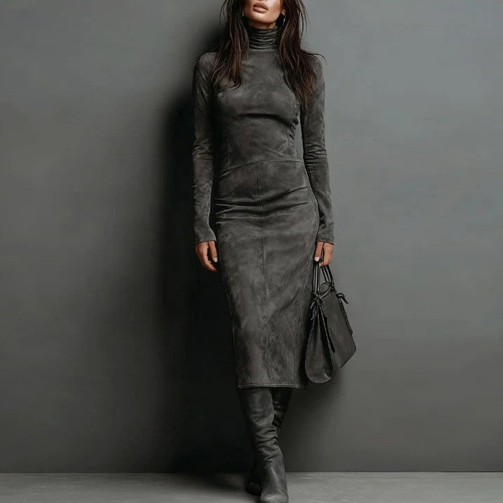 Damen Tailliertes Midi Kleid im Samt-Look mit Rollkragen und maßgeschneiderter Silhouette – Élara