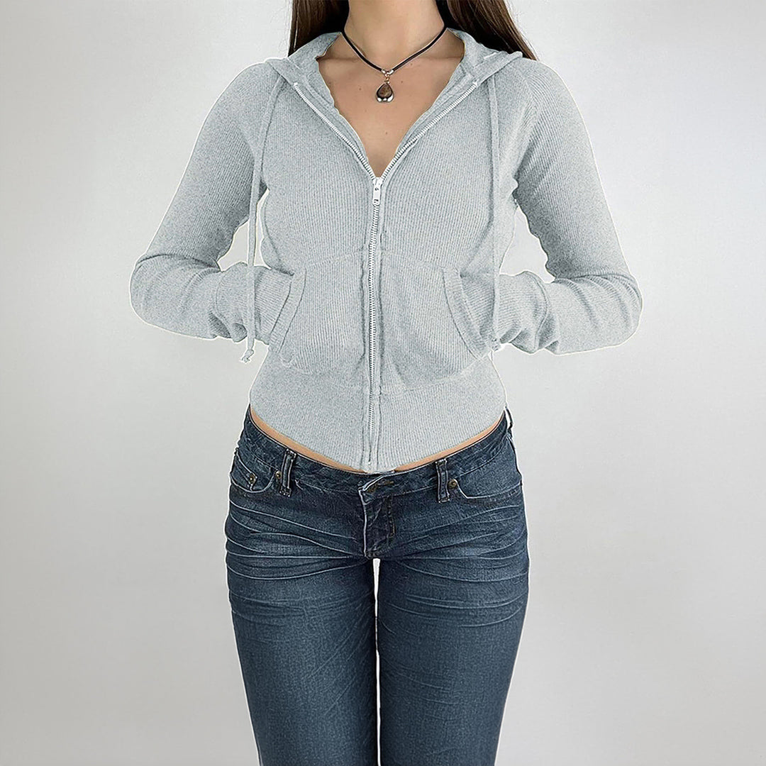 Damen nan schmal geschnittene Feinstrick-Hoodiejacke mit Metallzipper, Kängurutaschen und Daumenlochbündchen Echo Archiv