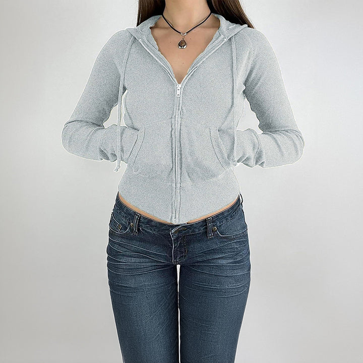 Damen nan schmal geschnittene Feinstrick-Hoodiejacke mit Metallzipper, Kängurutaschen und Daumenlochbündchen Echo Archiv