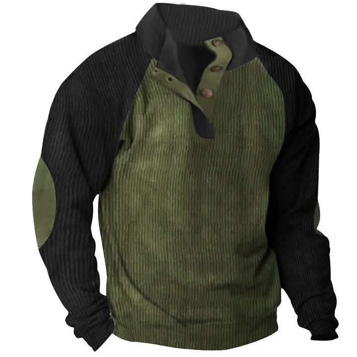 Herren Strukturiertes Raglan-Henley-Pullover mit Stehkragen, Ellenbogenpatches & Knopfleiste – Norvane